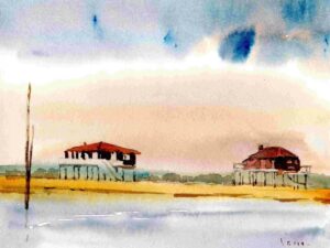 Aquarelle « cabane tchanquée ».