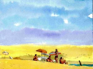 Aquarelle « Une après midi banc au banc d&rsquo;Arguin »