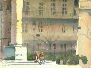 Aquarelle de Bordeaux sous le reverbere