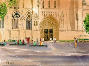 Aquarelle de Bordeaux »Sous le Regard de Saint-André : Instant de Vie Bordelaise »