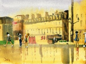 Aquarelle de Bordeaux »Symphonie Jaune en Zone Piétonne »