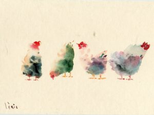 Aquarelle de poules »Échappée Belles : Quatre Nuances en Goguette »