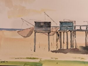 Aquarelle –Carrelets suspendus sur la Gironde
