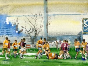 Aquarelle Hommage à l&rsquo;UBB Bègles-Bordeaux au Stadium Chaban-Delmas : L’Esprit de l’Ovalie .