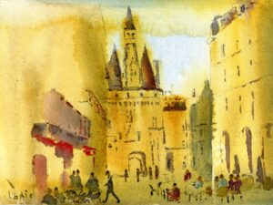 Aquarelle de Bordeaux« Éclats Dorés sur la Porte Cailhau »