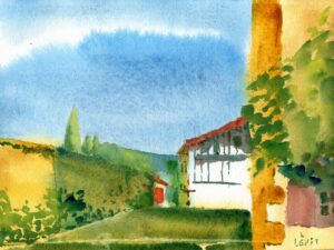 Aquarelle de voyage « Lumière Douce sur les Toits Basques »