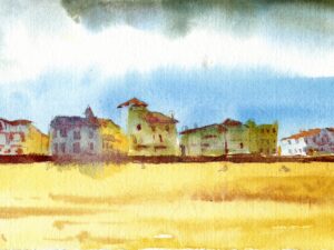 Aquarelle de voyage « Lumière d&rsquo;Or sous Ciel d&rsquo;Orage »