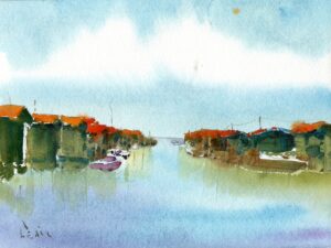 Aquarelle originale »Éclats de lumière sur le chenal »