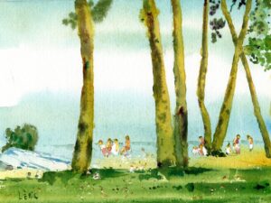 Aquarelle originale »Plage des Américains : Entre Ombre et Azur