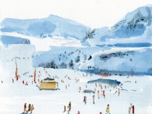 Aquarelle originale de montagne « Silhouettes sur la Neige